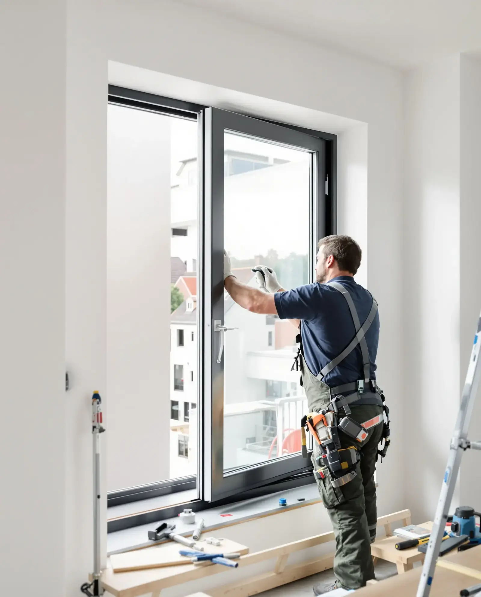 Artisan Fenêtre Amiens posant une fenêtre PVC sur une maison en brique à Amiens